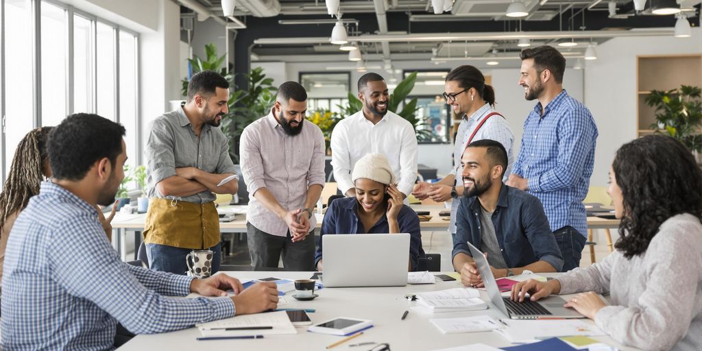 Group of entrepreneurs discussing business plans in office.