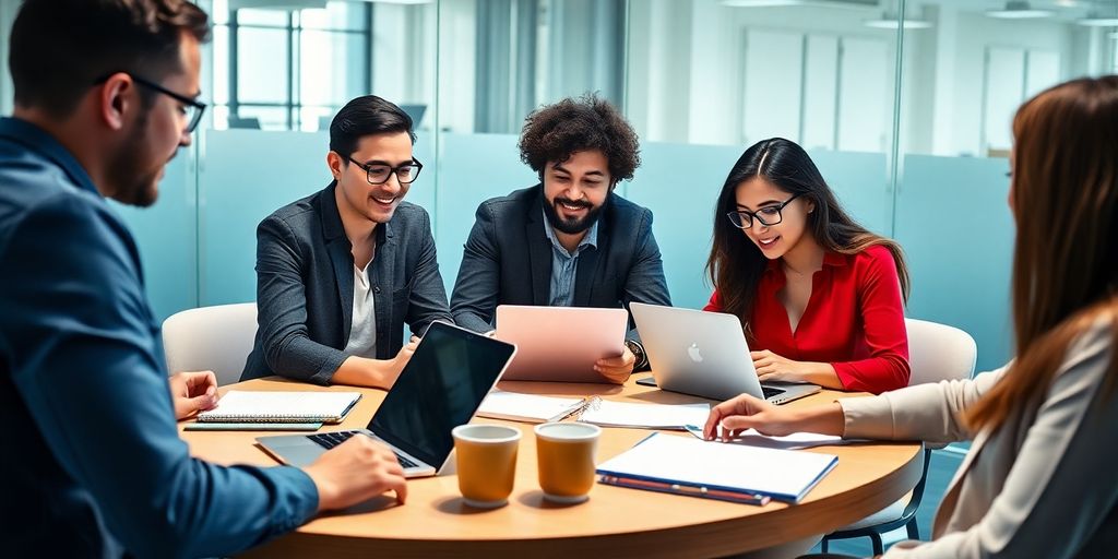 Business team collaborating around a table in an office.