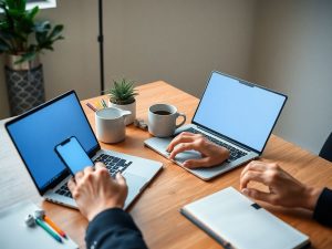 Mână tastând pe laptop lângă smartphone, cafea, plantă pe birou.