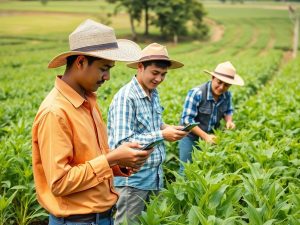 Tineri fermieri lucrează cu tehnologie avansată în câmpuri verzi.