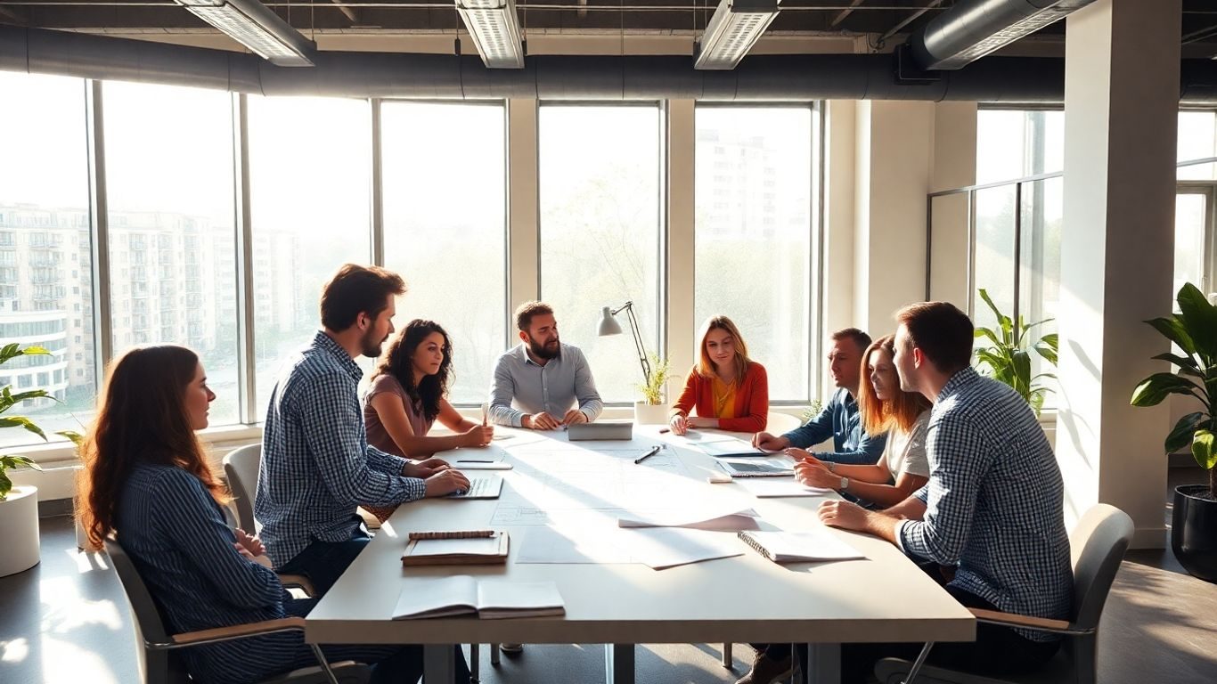 Oameni care lucrează împreună într-un birou luminos.