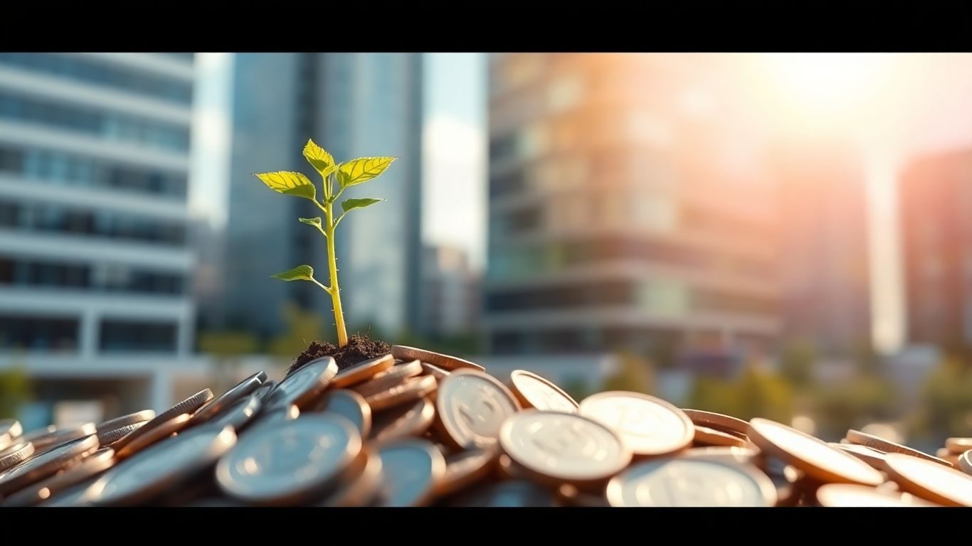 Oraș vibrant cu o plantă crescând din monede.