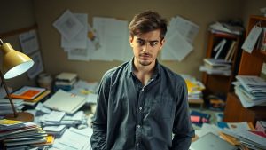 Antreprenor frustrat printre hârtii răvășite la birou.