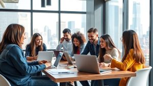 Antreprenori tineri lucrând într-un birou modern internațional